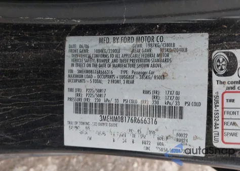 2006 Mercury Milan V6 Premier z USA, uszkodzony, nr VIN 3MEHM08176R666316